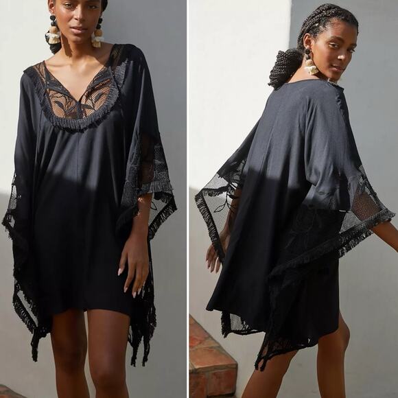 Anthropologie Dresses & Skirts - Anthropologie Black Embroidered Fringe Swim Coverup‎ Dress Size M/L
